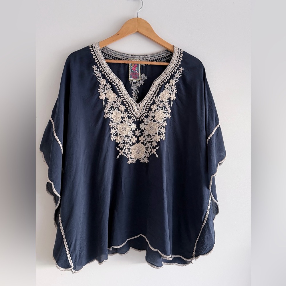 Johnny Was Navy Blue Embroidered Boho Tunic Blouses Top Floral Festival PM